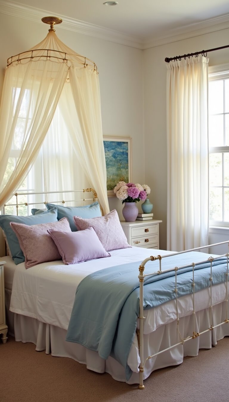 Bright bedroom with white canopy bed, yellow tulle canopy, layered pastel bedding in blue, lavender, and violet, accented with gold details and color-coordinated décor.