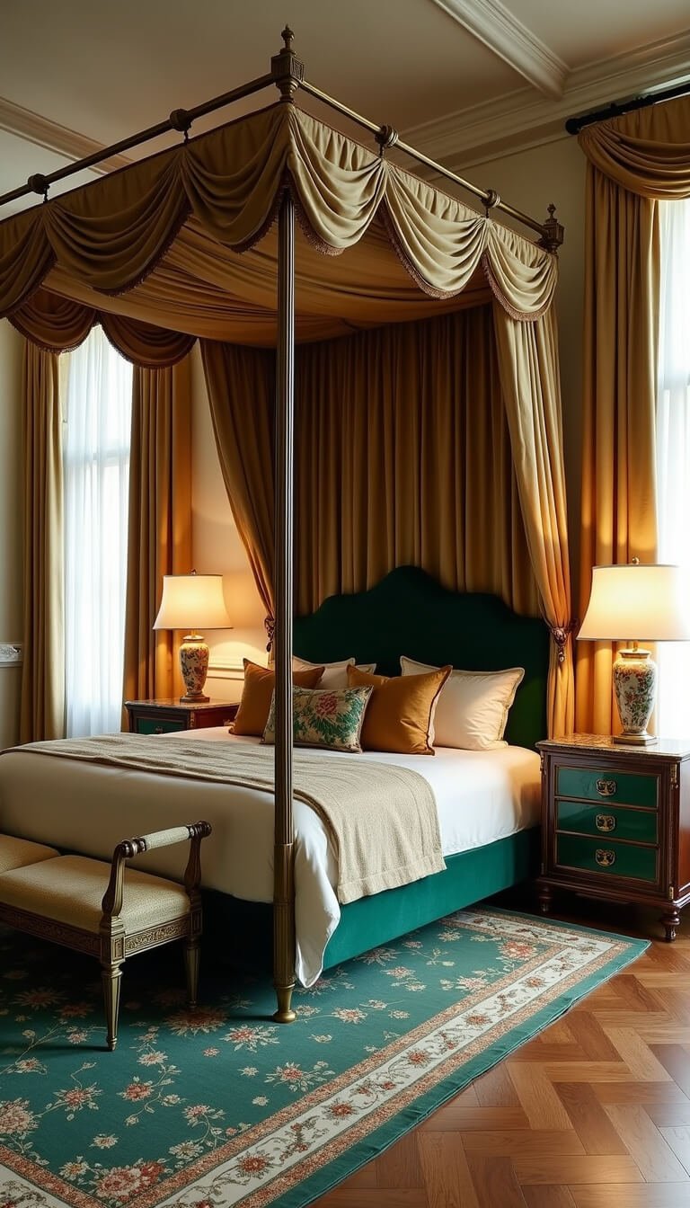 Luxurious queen's canopy bedroom at golden hour with emerald velvet bed, champagne silk drapes, coffered ceilings, and rich jewel-toned accents.