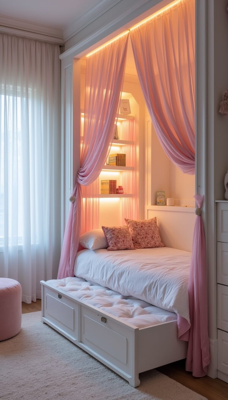 Magical twilight-lit 12x12 bedroom with a custom white canopy bed featuring built-in drawers, bookshelf posts, sheer pink ombré canopy with hidden LED lighting, multifunctional furniture, and enchanting storage solutions.