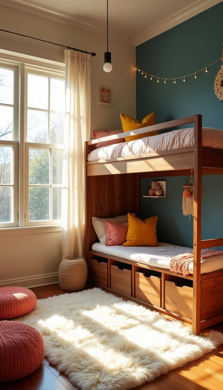 Kids' bedroom at golden hour with walnut loft bed, Tropical Paradise blue accent wall, plush ivory rug, colorful toys, and cozy textural decor illuminated by natural light and string lights.