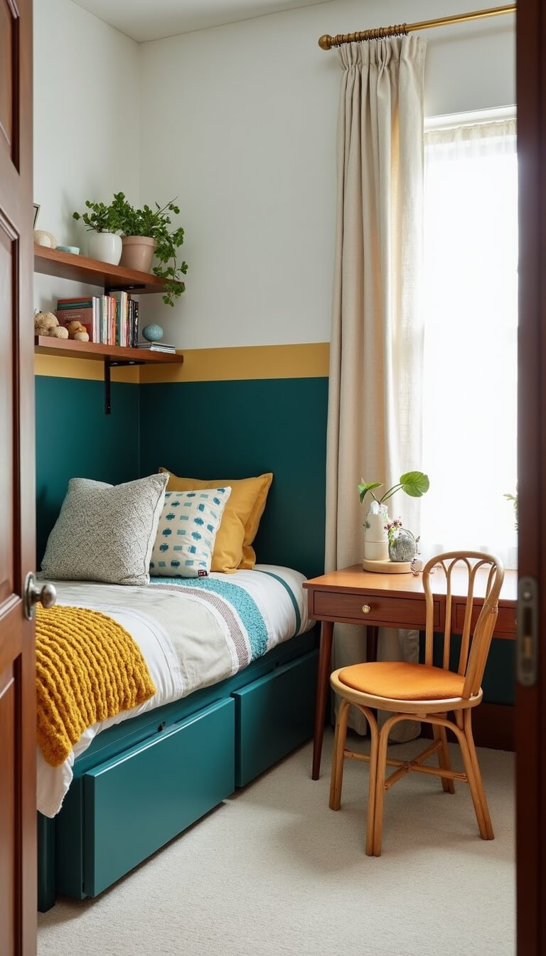 Kids' room with color-blocked teal and white walls divided by a gold line, featuring a captain's bed with geometric bedding, floating shelves with books and decor, and a rattan desk with a burnt orange velvet chair, all bathed in soft mid-morning light.
