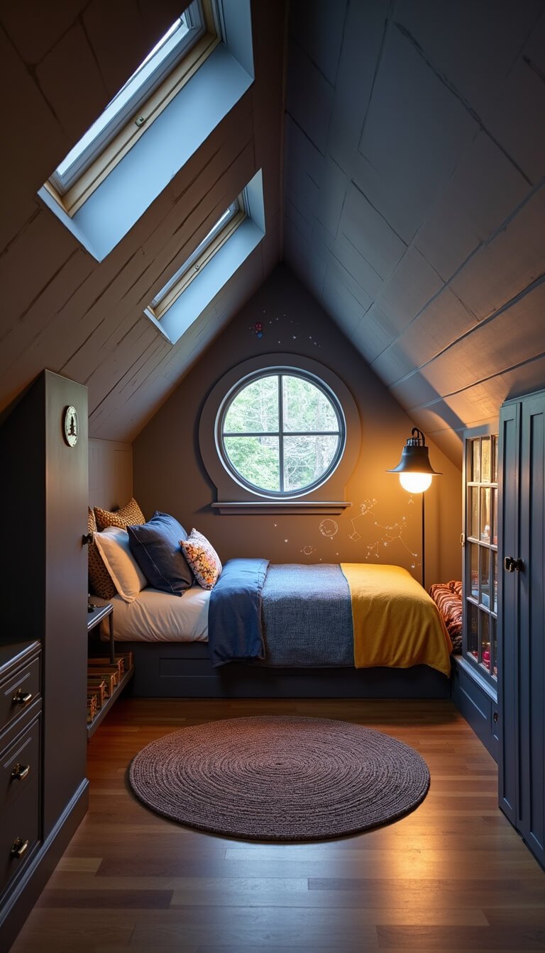 Cozy attic kids' bedroom with sloped ceilings, built-in bunk beds, circular window at twilight, glowing constellation decals, and warm vintage lighting.