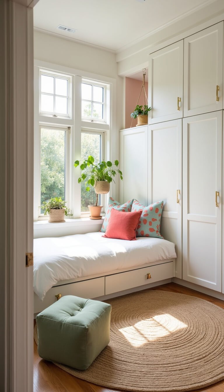 Bright kids' bedroom with large windows, floor-to-ceiling white and bamboo storage units, daybed with colorful pillows, sage green modular seating, jute rug, paper lanterns, and hanging plants.