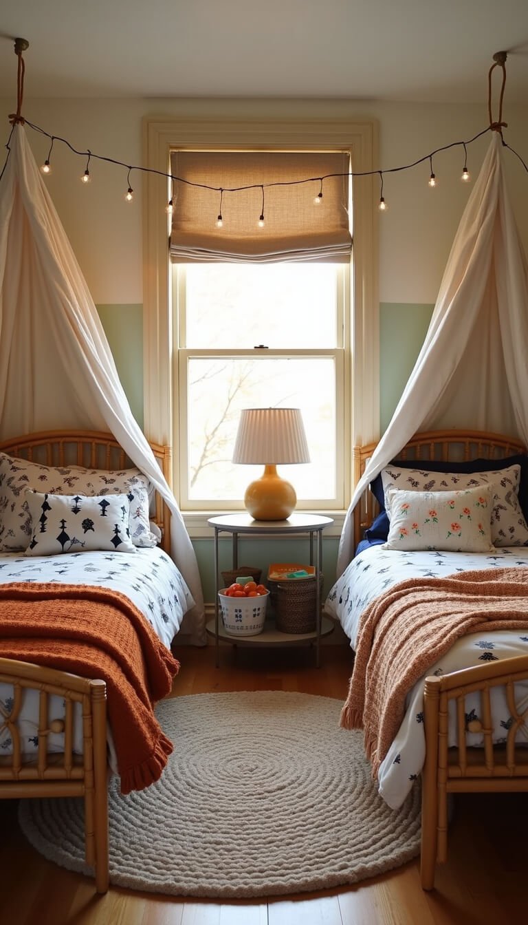 Cozy 10x10 kids' bedroom at golden hour with twin beds in L-shape, rattan headboards, mix-patterned bedding, Roman shades diffusing rainbow-tinted light, concrete nightstand, two-tone walls, shag rug, open vintage toy trunk, and string-lit canopy.
