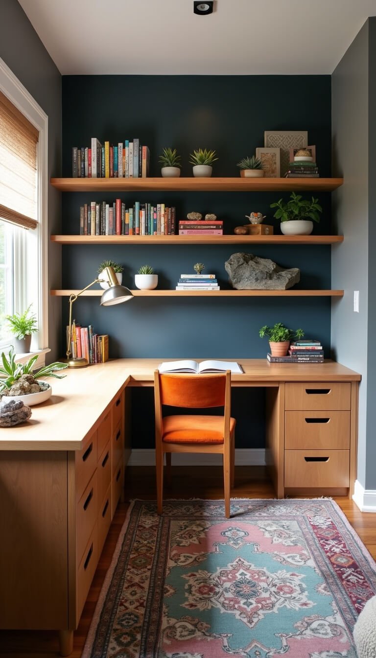 Kids' study zone with built-in hickory desk, floating shelves, vintage chair in orange velvet, navy chalkboard wall, and Persian rug in natural morning light.