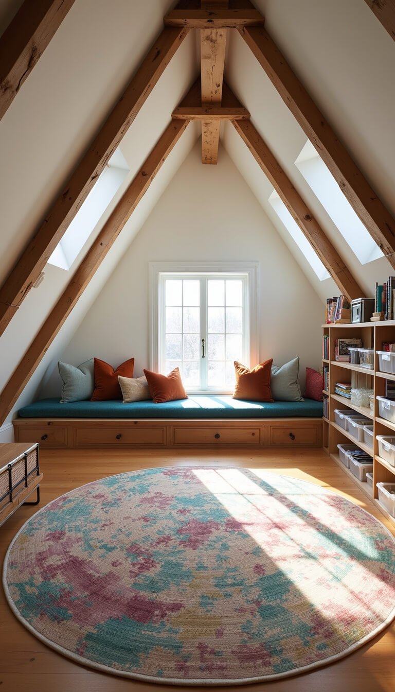 Wide-angle view of a large 15x18 attic playroom bathed in natural skylight, featuring exposed wood beams, starry fiber optic ceiling, reading nook with velvet window seat, ballet stage with mirror wall, industrial shelving with art supplies, and a colorful abstract circular rug on maple floors.