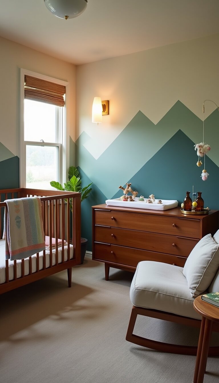 Cozy 9x11 nursery at blue hour with mountain mural walls, warm lighting from a brass sconce and salt lamp, walnut crib with organic bedding, vintage dresser changing station, bouclé glider, felt woodland mobile, and soft wool carpet.