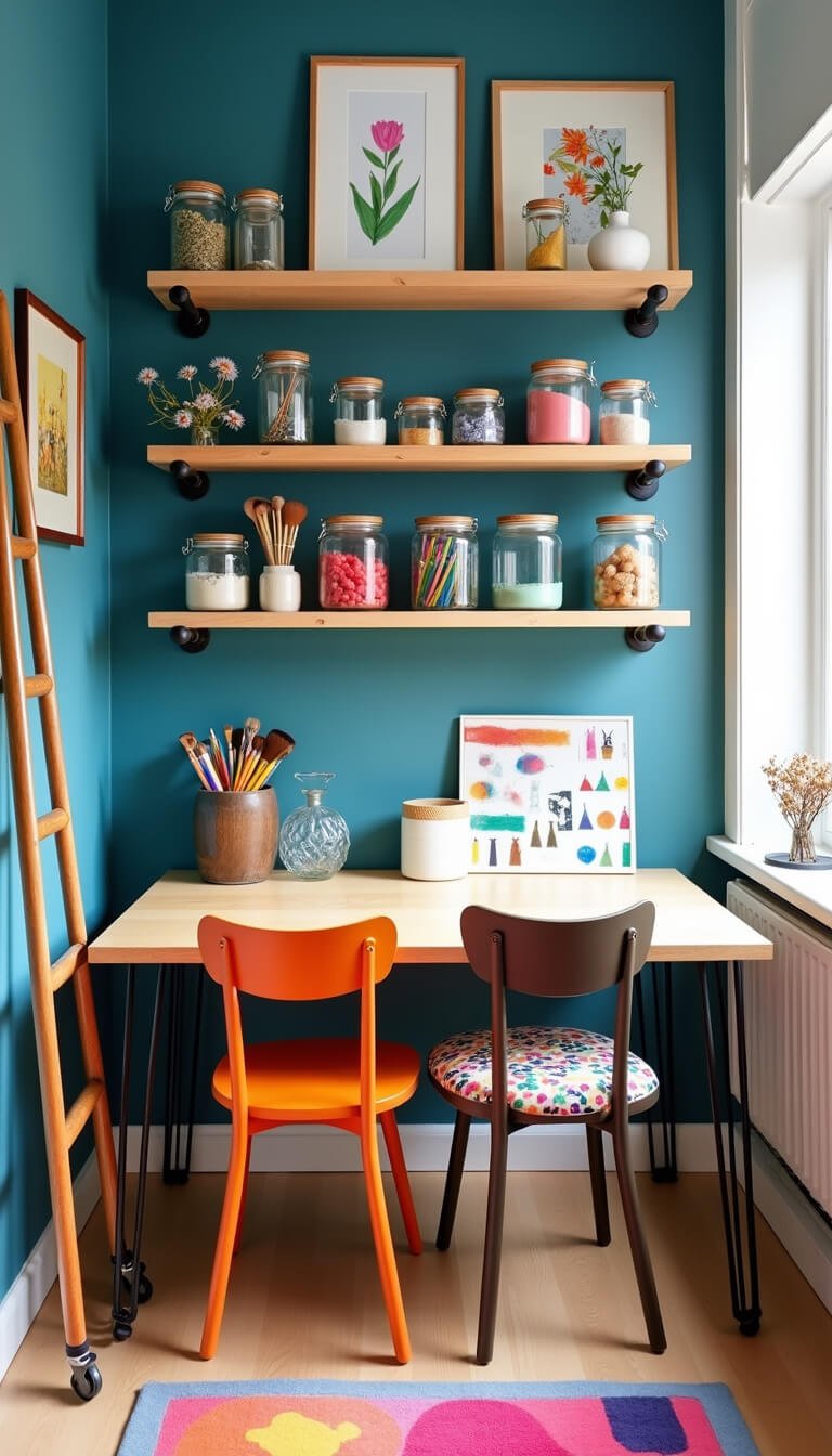 Vibrant arts and crafts nook with peacock blue statement wall, custom birch worktable, colorful chairs, organized art supplies on industrial shelves, and children’s artwork displayed in wood frames.