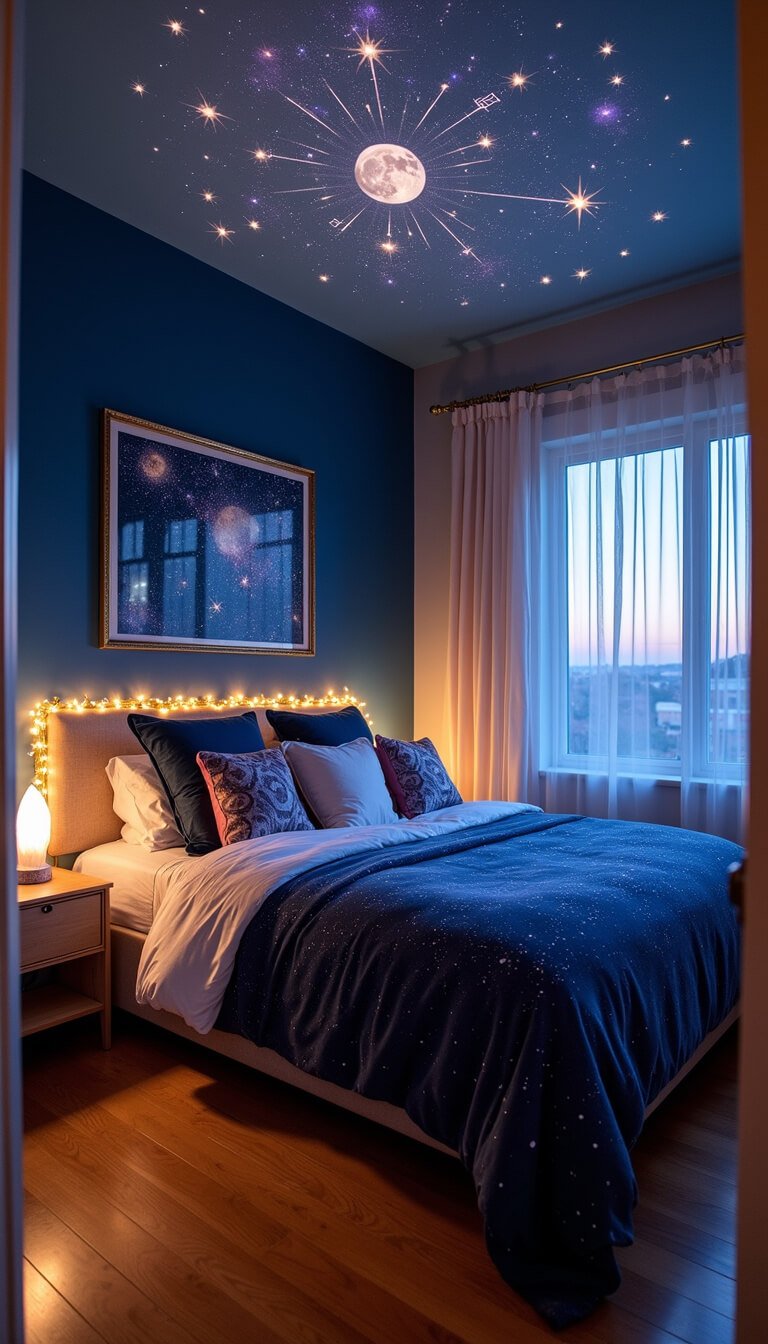 Wide-angle view of a celestial-themed bedroom with a galaxy duvet, star projector lighting, moon phase string lights, and constellation decor creating a dreamy dusk ambiance.