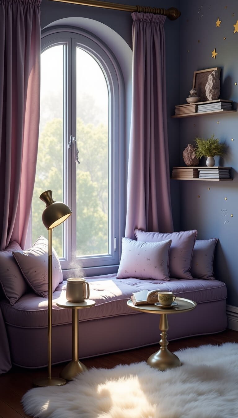 Low-angle view of a cozy celestial-themed reading nook with a curved bay window, star-patterned cushions, moon-shaped lamp, and soft morning light illuminating dust particles and ombré star-decorated walls.