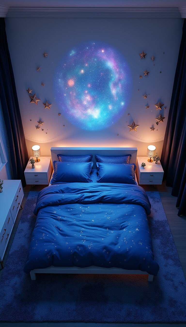 Overhead view of a celestial-themed master bedroom at midnight, lit by an aurora projector casting blue and purple hues over textured white walls, with a circular layout centered on a queen platform bed featuring a cosmic indigo duvet, metallic star wall art, and night sky-inspired decor.