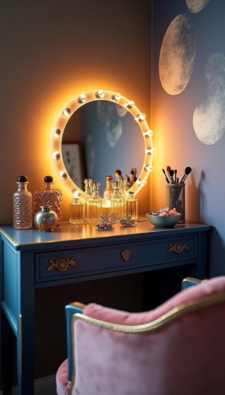 Close-up of a celestial-themed Art Deco vanity bathed in golden hour light, featuring crystal perfume bottles, a crescent moon mirror with LEDs, blush pink velvet chair, and moon phase mural in metallic tones.