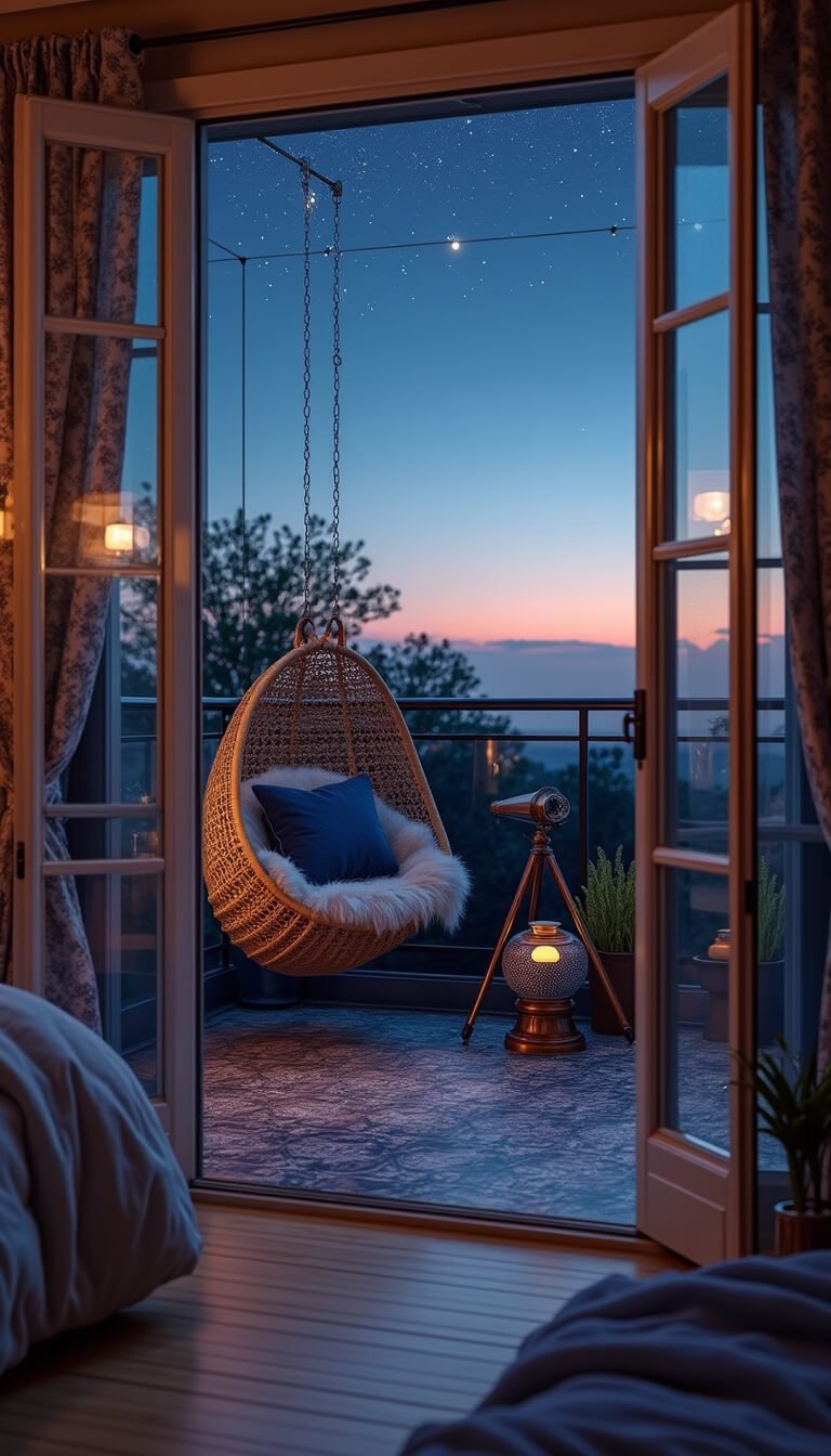 Twilight view from indigo celestial-themed bedroom through French doors to a stargazing balcony with hanging egg chair, telescope, moon lantern, and starry string lights against a fading night sky.