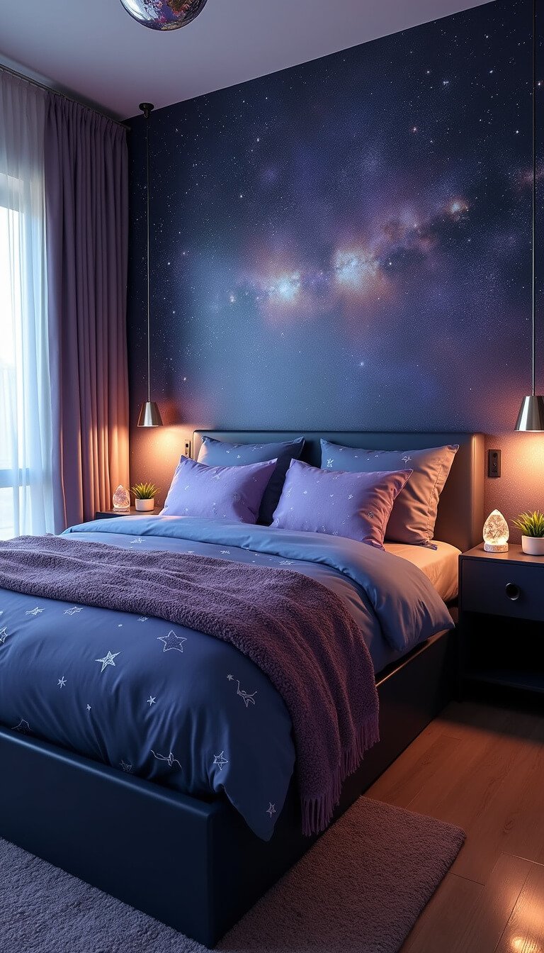 Celestial-themed 8x10 bedroom with galaxy mural, constellation-cut lamps, gradient starry bedding, and holographic-accented lucite chair bathed in soft morning light.