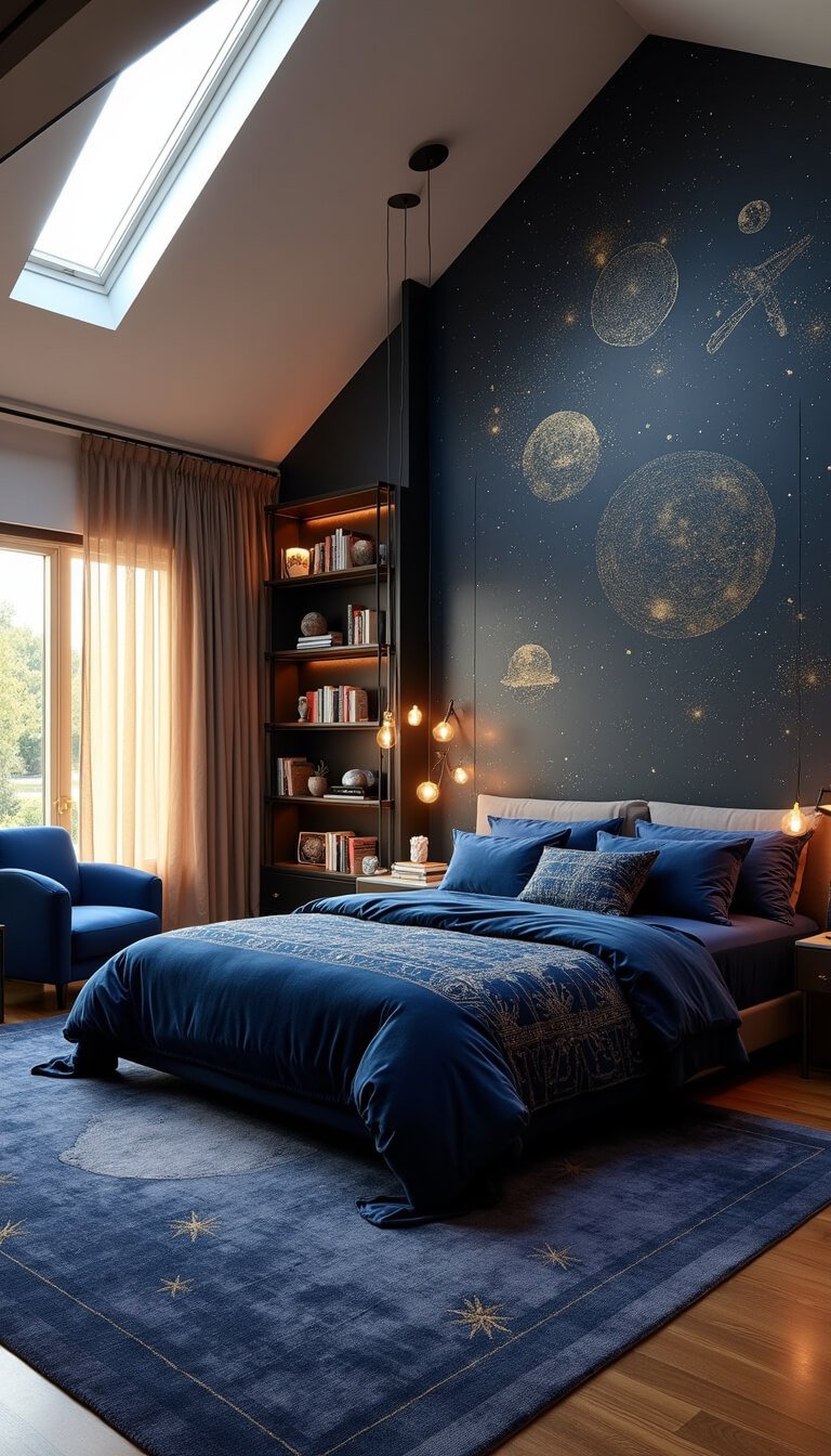 Wide-angle view of a celestial-themed bedroom with vaulted ceilings, golden hour sunlight streaming through skylights, a California king bed with midnight blue velvet bedding, floating pendant lights, indigo chaise lounge, starry area rug, and astronomy-themed decor.