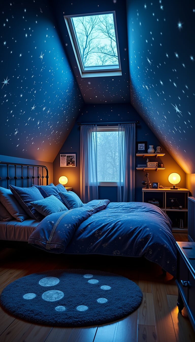 Nighttime attic bedroom with celestial decor, glowing constellation ceiling, LED star projections, nebula canopy, moon-themed rug, and vintage astronomy accents.