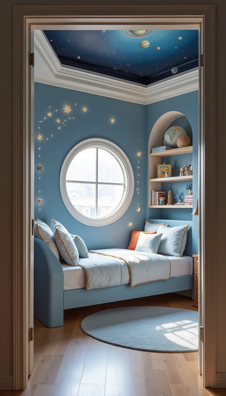 Celestial-themed child's bedroom with glowing solar system mural, crescent moon bed, rocket ship bookshelves, and constellation carpet, bathed in natural morning light.