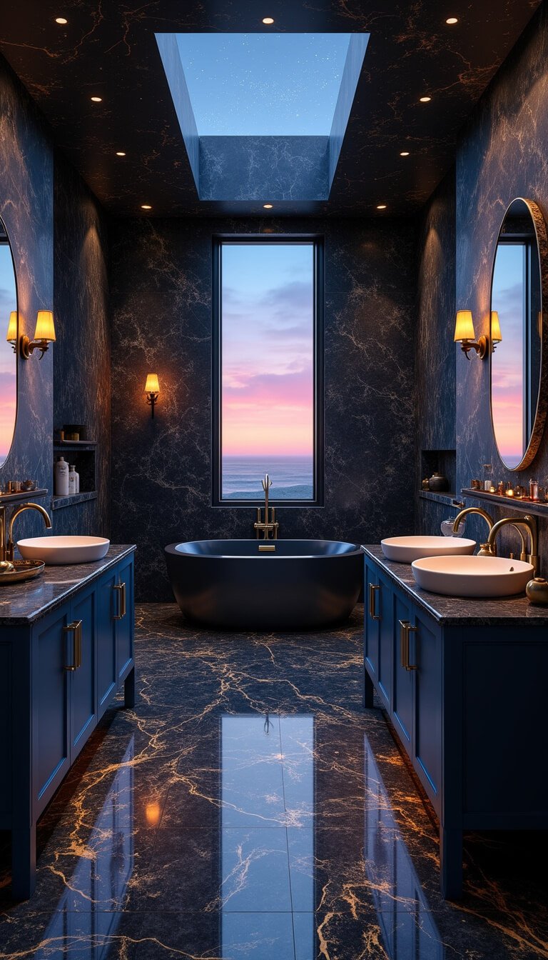 Twilight view of a celestial-themed luxury bathroom with black marble, color-changing LED-lit tub, moon-phase vanity, and constellation glass shower seen through a tilt-shift lens from the bedroom transition.