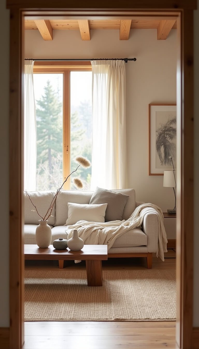 Japandi-style sunlit living room with low oatmeal linen sofa, walnut coffee table, ceramic vases, pampas grass, jute rug, and floor-to-ceiling windows with sheer curtains.