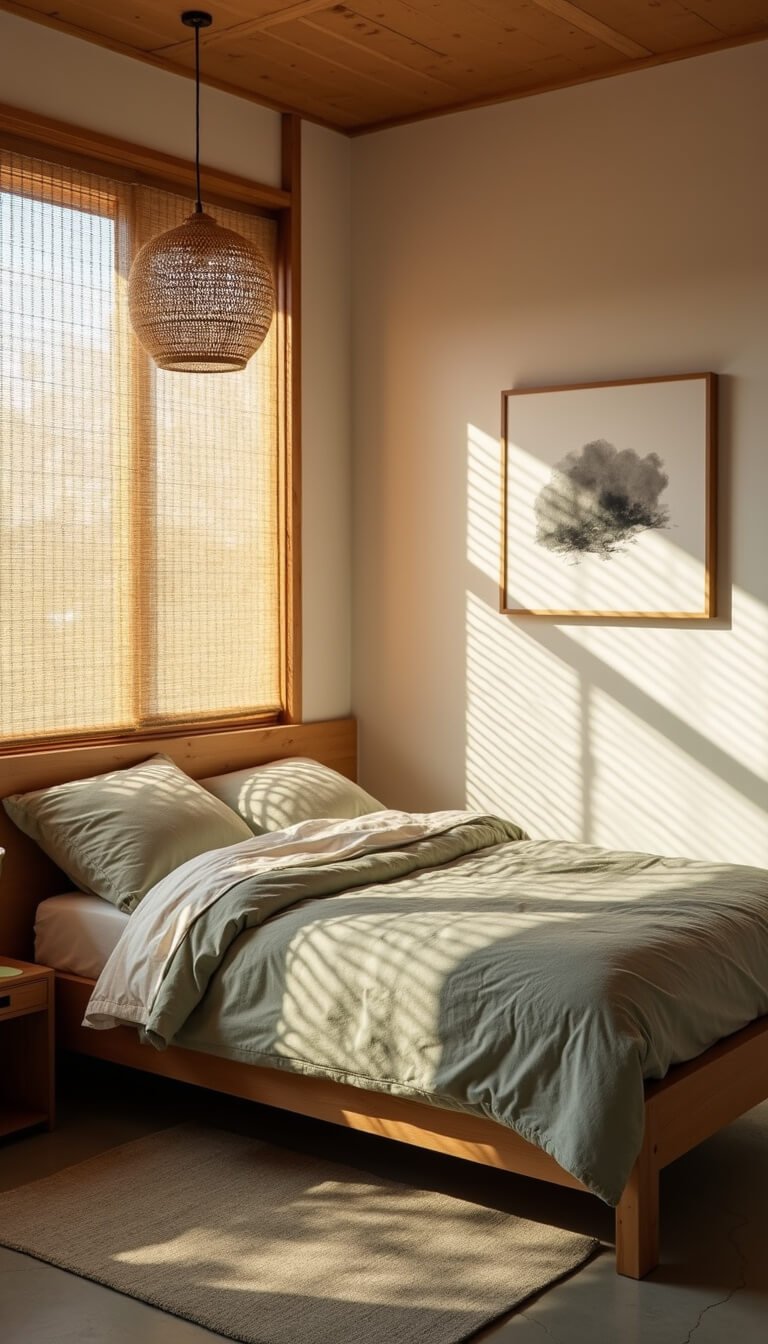 Japandi-style bedroom bathed in golden hour light, featuring a low oak platform bed with sage and ivory linen, bamboo blinds casting striped shadows, rattan pendant, minimalist walnut nightstand, and wabi-sabi design elements in natural tones.