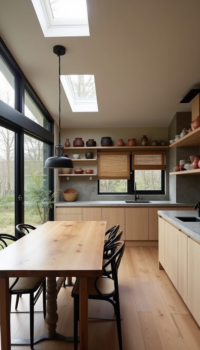 Japandi-style dining area with oak table, black chairs, ceramic pendant, and open kitchen featuring wood shelves, light oak cabinetry, and soapstone countertops under soft midday light.