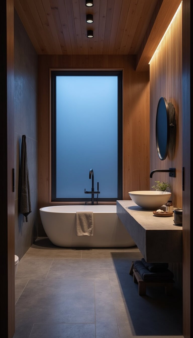 Japandi-style bathroom with freestanding white tub, cedar slat wall, concrete vanity, and warm lighting at dusk.