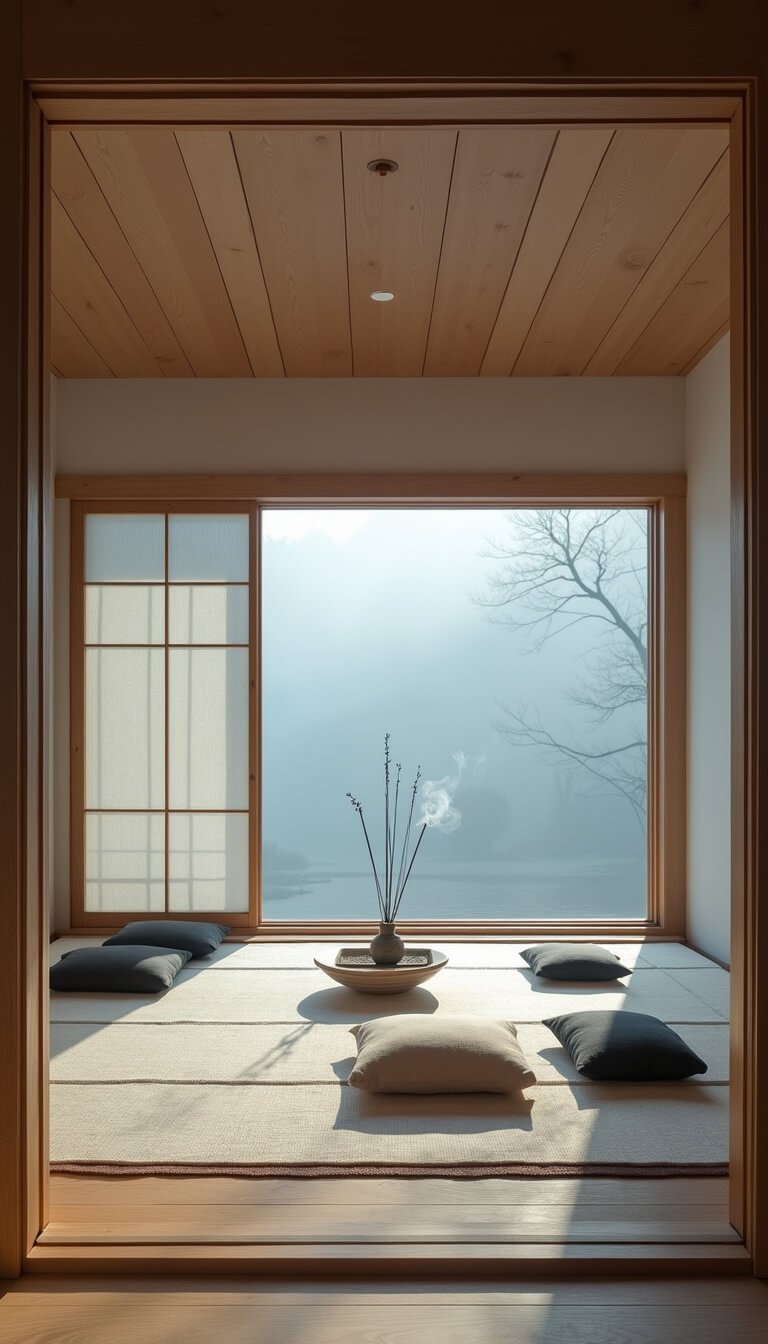 Low-angle view of serene Japandi meditation room at dawn with tatami platform seating, natural fiber cushions, Shoji screens, and soft blue-white light illuminating bleached wood and stone textures.