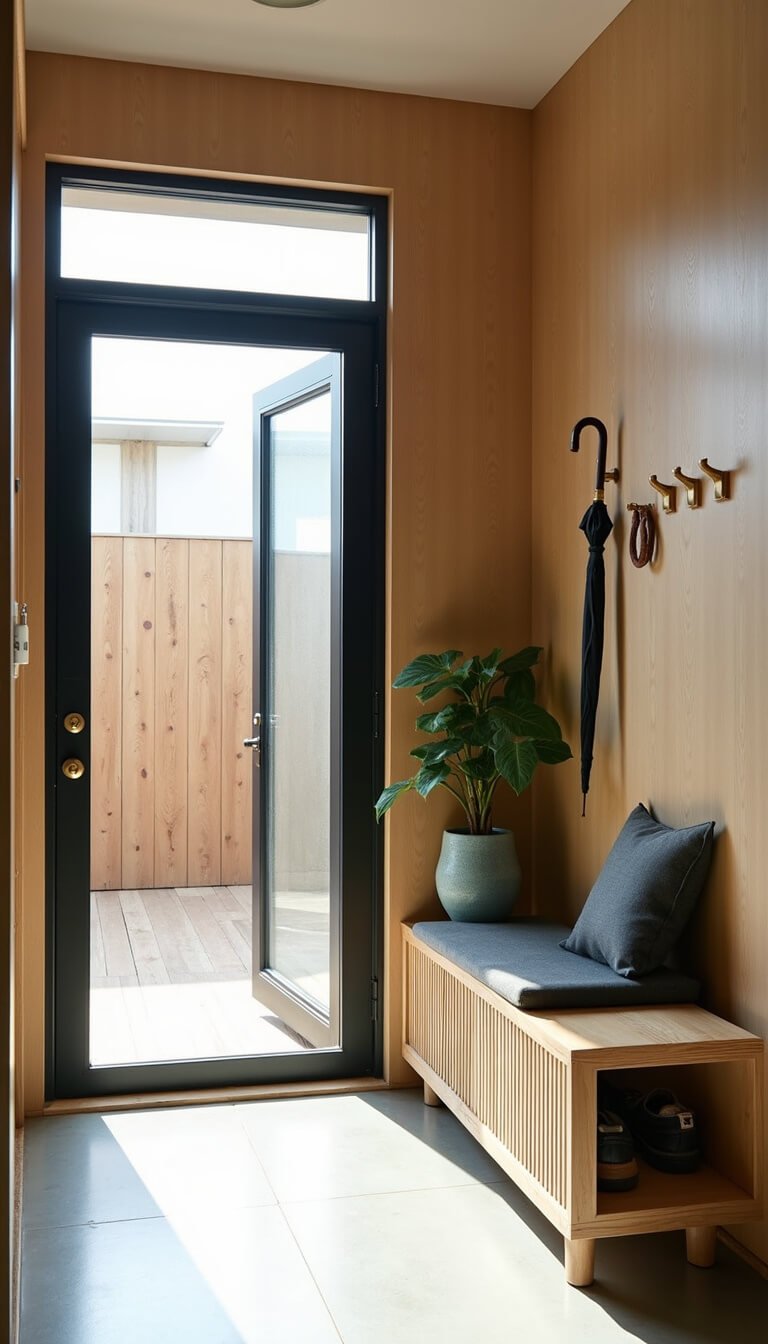 Japandi-style entryway with white oak bench, slatted shoe cabinet, concrete floor, brass hooks, and natural light from transom window.