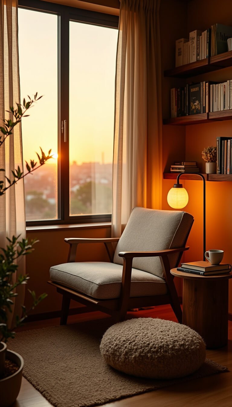 Japandi reading nook with warm sunset light, featuring oatmeal bouclé chair, walnut side table, ceramic mug, floating shelf with books, and jute rug in a serene, amber-lit space.