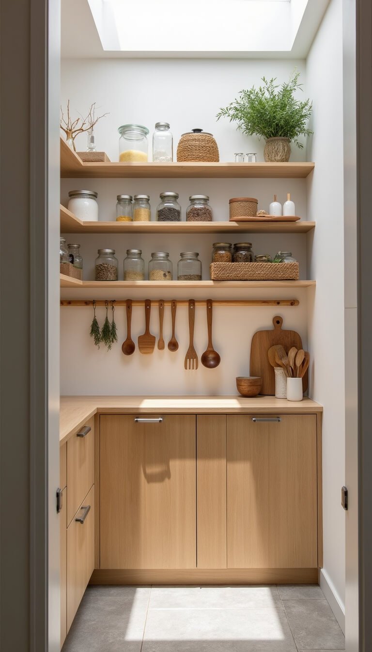 Wide-angle view of a bright Japandi kitchen pantry with open bleached oak shelving, butcher block countertop, natural oak lower cabinets, and neatly arranged glass jars, ceramic containers, and woven baskets in warm minimalist tones.