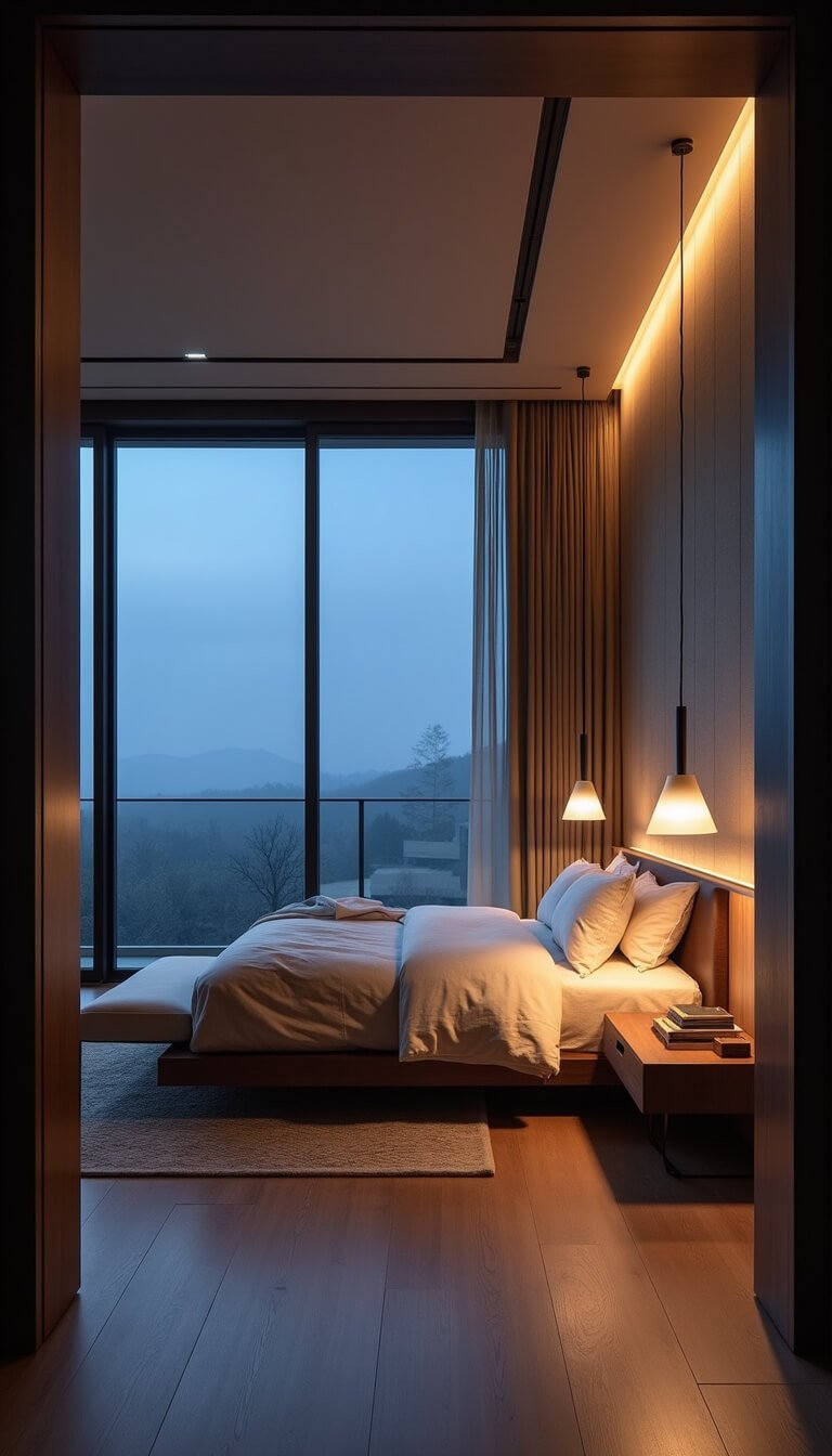 Japandi-style bedroom at twilight with walnut platform bed, indigo and ivory linens, asymmetrical pendant lights, floor-to-ceiling windows, and textured natural materials.
