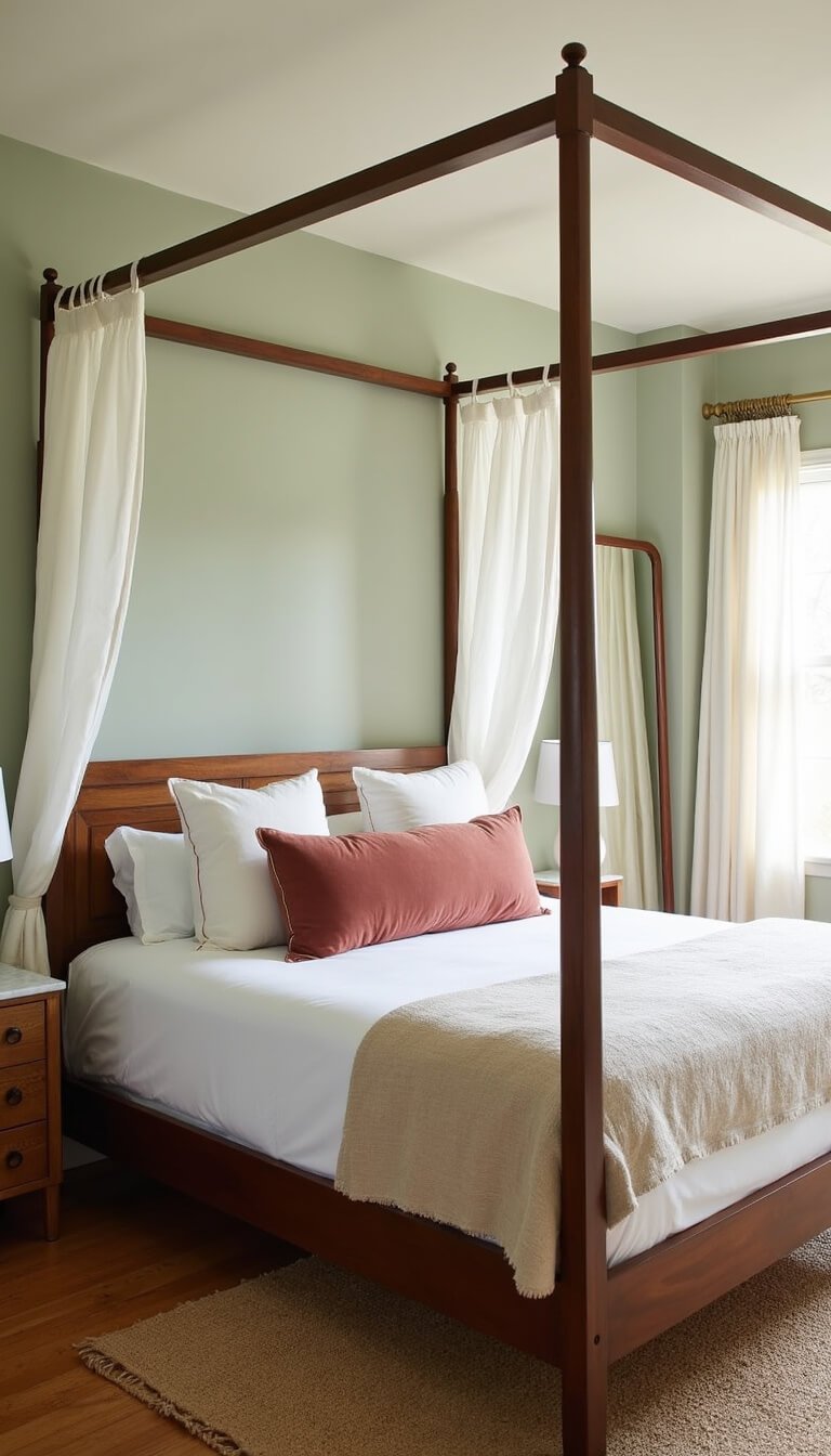Sunlit master bedroom with four-poster walnut canopy bed, sheer curtains, layered white and ivory bedding with velvet pillows, jute rug on oak flooring, mismatched bedside tables with ceramic lamps, and vintage mirror in corner.