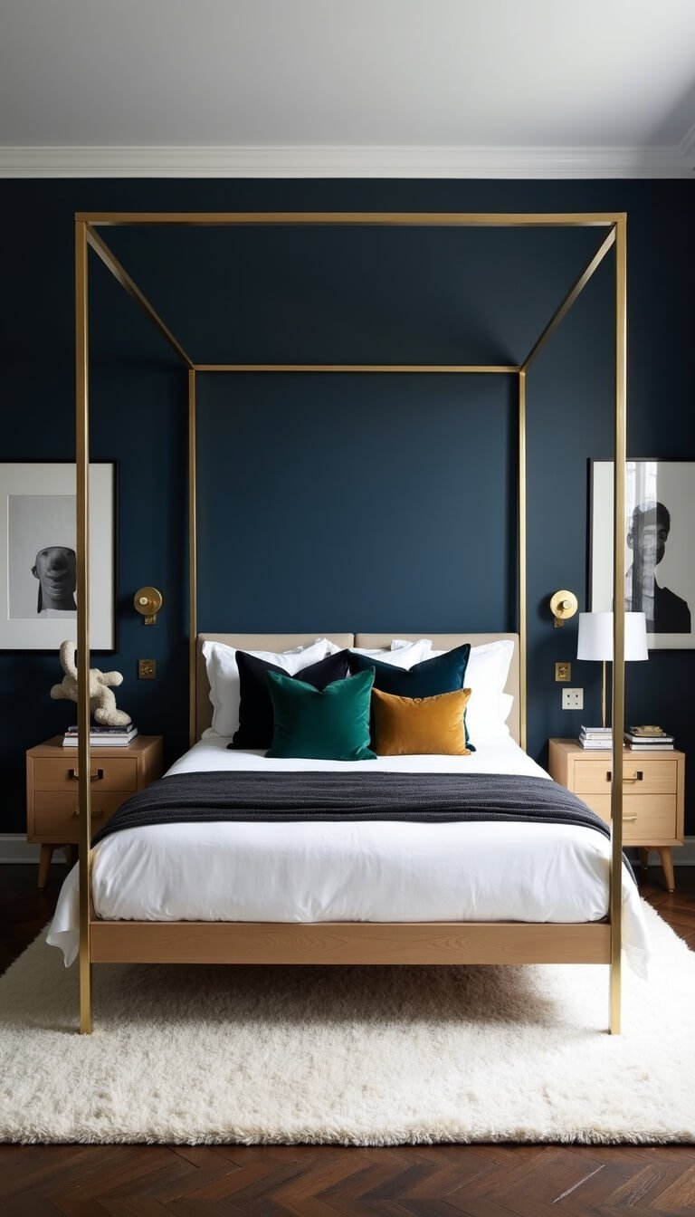 Modern primary bedroom with brass canopy bed, navy accent wall, moody lighting, and mid-century sconces; styled with white bedding, velvet pillows, floating nightstands, and plush ivory rug on dark herringbone floors.