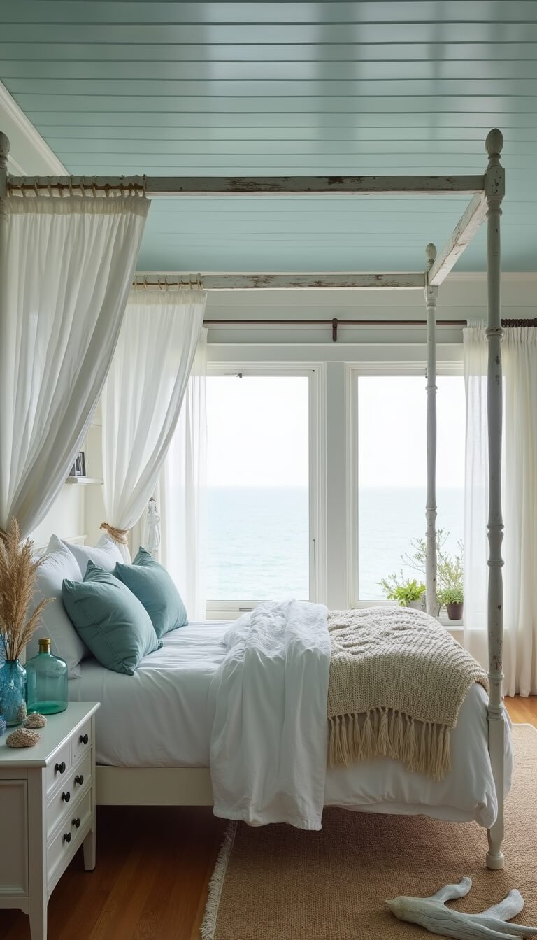 Coastal guest bedroom with whitewashed canopy bed, sea glass-toned linens, and ocean view through large misty windows.