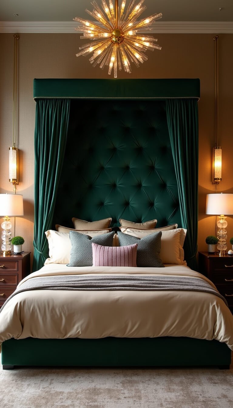 Luxurious emerald green velvet canopy bed with jewel-toned bedding, brass chandelier, alabaster sconces, and rich textures in a taupe-toned primary bedroom.