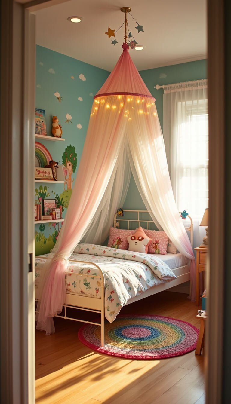 Whimsical child's bedroom with a white canopy bed draped in rainbow tulle and string lights, surrounded by forest mural, floating bookshelves, woodland pillows, and hanging paper stars, viewed from doorway at child's eye level.