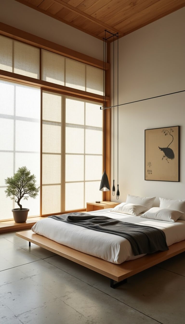 Minimalist Japanese bedroom with a low hinoki wood canopy bed on a raised tatami platform, shoji screen shadows, bonsai on a floating shelf, sumi-e painting, and ceramic pendant light.