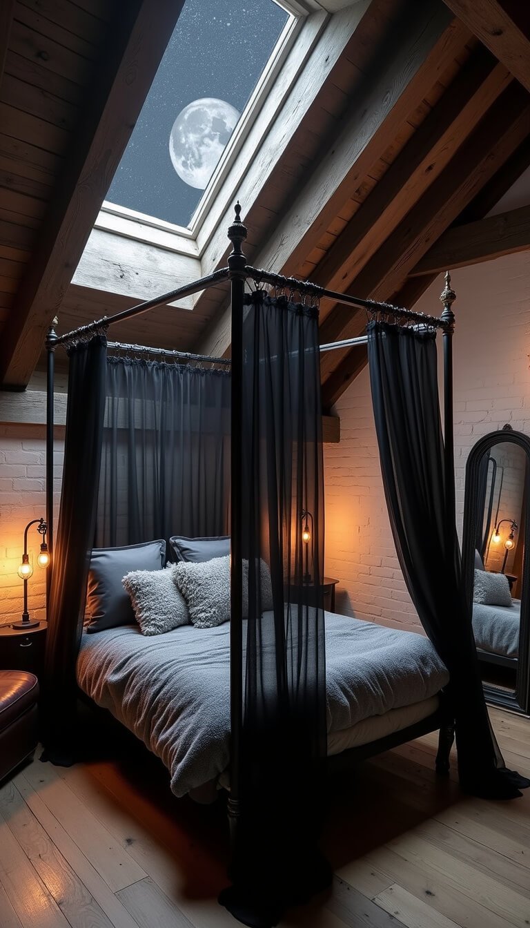 Dramatic attic bedroom with dark wood beams, a wrought iron canopy bed under a skylight showing stars and moonlight, layered gray bedding, vintage bulb lighting, sheer black curtains, reclaimed wood floors, white brick walls, and a leather armchair near an antique desk.