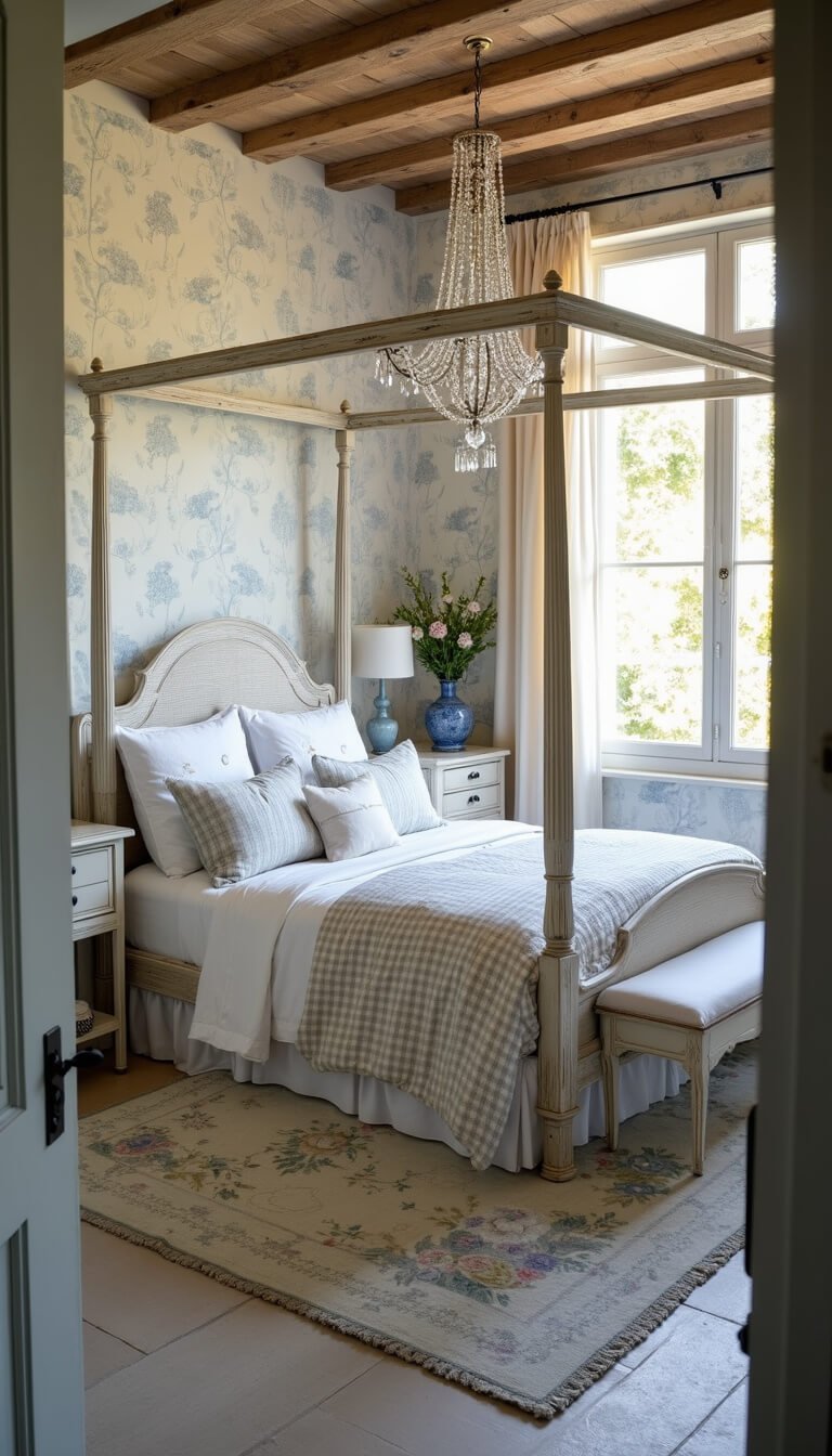 Romantic French country bedroom with antique canopy bed, blue toile wallpaper, vintage textiles, and soft golden light through sheer linen curtains.