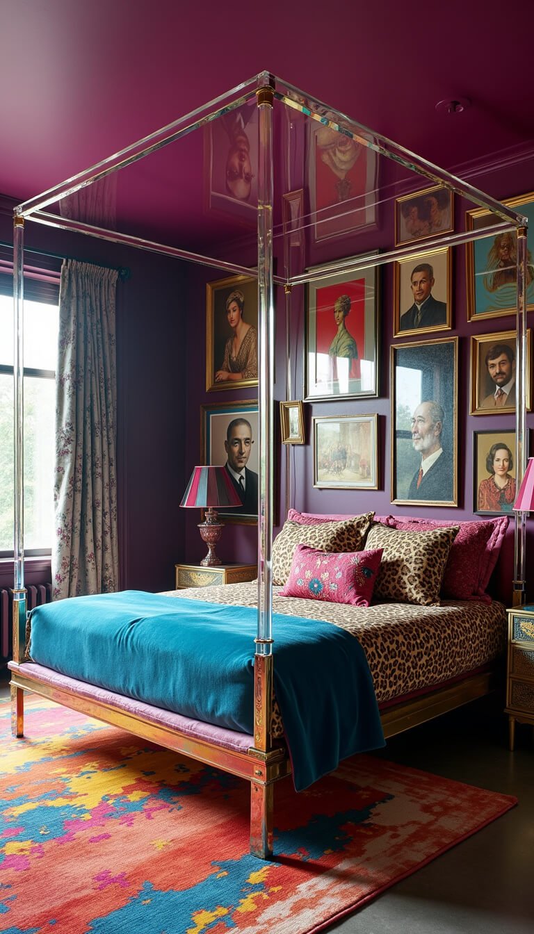 Maximalist bedroom with transparent acrylic canopy bed and vibrant décor, featuring bold patterns, jewel tones, and prismatic light from floor-to-ceiling windows.