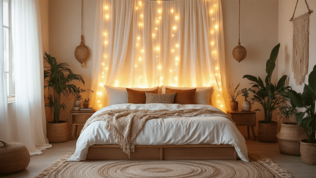 "Bohemian bedroom adorned with warm LED curtain lights, macramé wall hangings, earthy toned pillows, and vintage brass accents at golden hour"