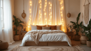 "Bohemian bedroom adorned with warm LED curtain lights, macramé wall hangings, earthy toned pillows, and vintage brass accents at golden hour"