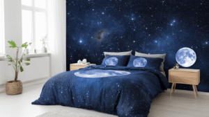 "Celestial bedroom design featuring a midnight indigo galaxy duvet, moon phase lights, and constellation art on a dreamy starlit background"
