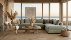 "Luxurious coastal living space featuring sage linen sectional, weathered teak chair, and jute rug on oak floors with sunset light filtering through large windows"