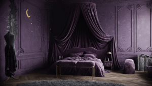 "Dark fantasy bedroom with a canopy bed, deep purple walls, velvet textures illuminated by moonlight"