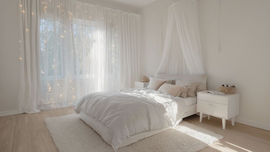 "Dreamy canopy bed styled with sheer white curtains, velvet pillows, soft linen sheets, and fairy lights in a bright, sunlit bedroom"