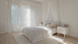 "Dreamy canopy bed styled with sheer white curtains, velvet pillows, soft linen sheets, and fairy lights in a bright, sunlit bedroom"