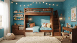 "Kid's bedroom with walnut loft bed, blue accent wall, colorful textiles, and creative storage solutions at golden hour"