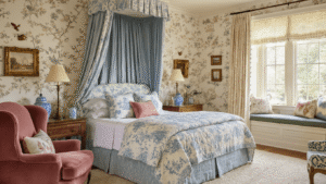 "Grandmillennial style bedroom with blue toile canopy bed, chinoiserie wallpaper, velvet furniture, and vintage accessories"