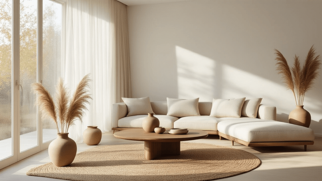 "Japandi living room with oatmeal linen sofa, walnut coffee table, pampas grass in ceramic vases, natural jute rug, and floor-to-ceiling windows creating a tranquil atmosphere"